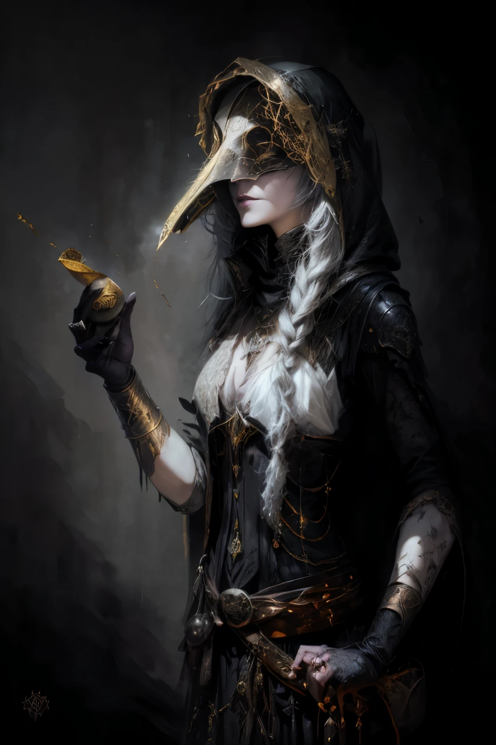 uma mulher de véu segurando um sydel, retrato de gênero de fantasia, mágico feminino de fantasia sombria, médico da peste, the médico da peste, design de personagens de fantasia sombria, retrato de um caçador sangrento, arte de estilo fantasia sombria, ocultista feminina, no estilo da arte de fantasia sombria, estilo artístico tom bagshaw, arte estilizada de fantasia urbana