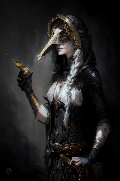 arafed woman in a plague mask holding a sydel, fantasy genre portrait, dark fantasy female magician, plague doctor, the plague d...
