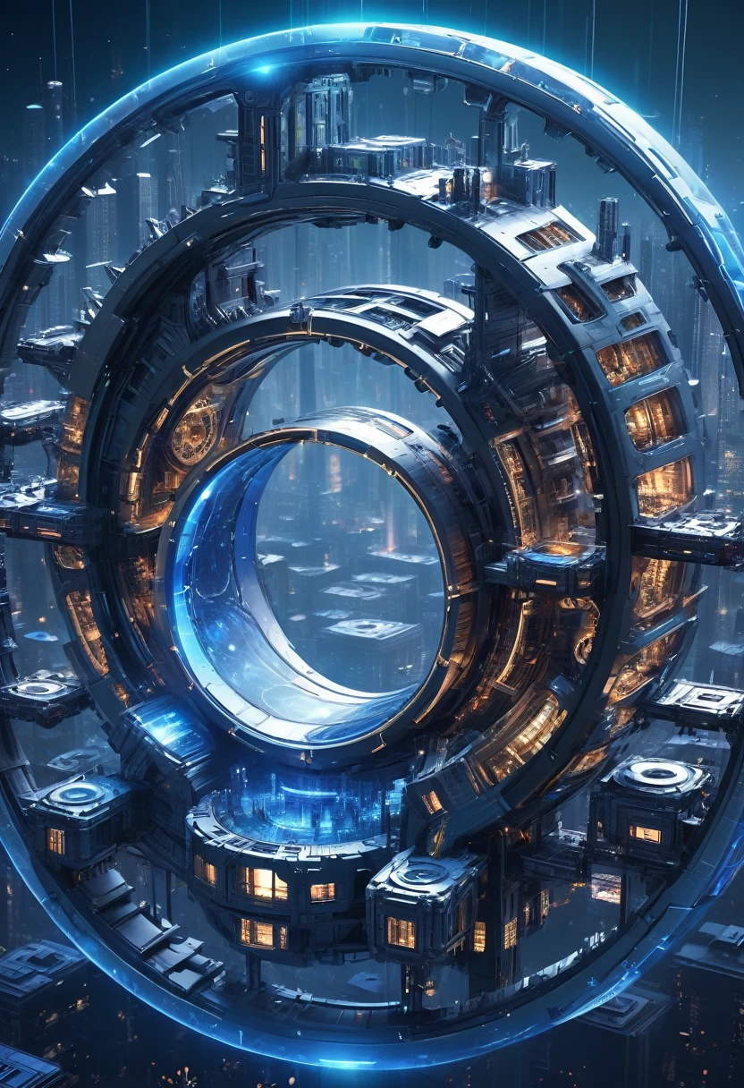 （Very unified CG scene design），（A ring-shaped future city suspended in the universe），（Neatly arranged future technology houses in the ring）complex structure，Complex gears，clear texture，complex patterns，glyphic，Titanium alloy，Sophisticated construction，Ultra-complex structures，future human city，science fiction，cyberpunk characters，