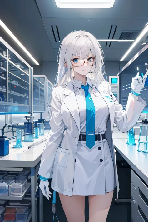 anime girl in a lab with a blue tie and glasses, wearing lab coat and glasses, with a lab coat, wearing lab coat and a blouse, w...