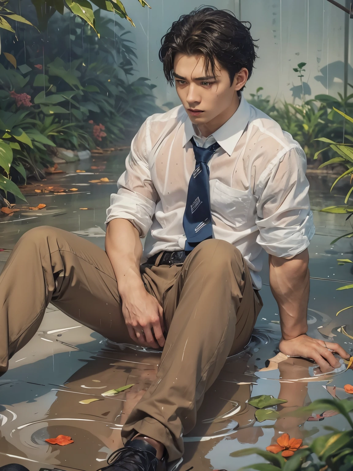 Super Realistic photography, Transparent see through white shirt, 17 yeas old boy,（1 young boy)，A high resolution， Sharp focuasterpiece， （（Complicated details））， highly  detailed， natsuki_subaru，Multi-view upper body，Suit pants view， 1 man，is shy，Pee on the legs，pissing，Urine runs down the thighs，embarressed，exhilarated，is shocked，panicking，worry，A small puddle of their own urine forms around the feet，full bodyesbian，kneels on the ground，Very eager to pee，It's uncomfortable，Wet yourself，Urine discharge， Sweaty crotch，Drenched，rain，The shirt is soaked，（A gesture of pleading），blue color eyes（eyes glowing）， Short gray hair，white  shirt，Wear a tie，Wear a belt，Black suit trousers，perspire，look from down