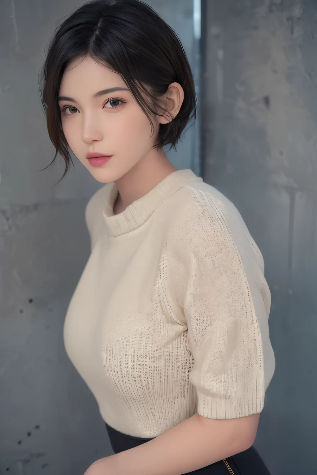 (masterpiece:1.3), (8k, lifelike, original photo, best quality: 1.4), (1 girl), pretty face, (lifelike的脸), (black hair, short hair:1.3), beautiful hairstyle, lifelike的眼睛, Beautiful and delicate eyes, (lifelike的皮肤), Beautiful skin, (sweater), Ridiculous, attractive, ultra high resolution, Surreal, Very detailed, golden ratio，whole body，raised buttocks，