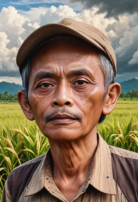close up portrait, a 35 years Indonesian old man standing in a field, in the style of realistic hyper-detailed portraits, cabinc...