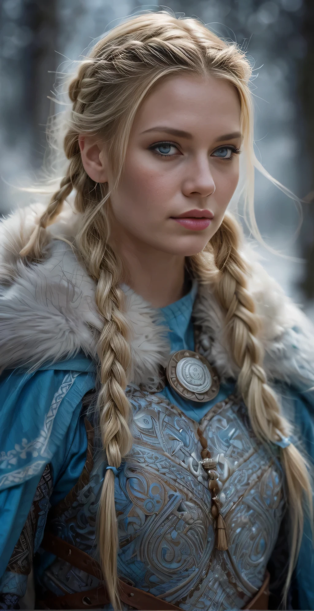 a close up of a woman with long hair wearing a blue dress, beautiful nordic woman, blonde braids and blue eyes, portrait of nordic girl, norse inspired, female viking, a full portrait of nordic female, two long braids blue, norse goddess, pigtails hairstyle, double long braids blue, pigtail braids, blond hair with pigtails, scandinavian / norse influenced
