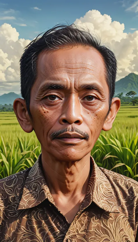 close up portrait, a 30 years Indonesian old man standing in a field, in the style of realistic hyper-detailed portraits, earthy...