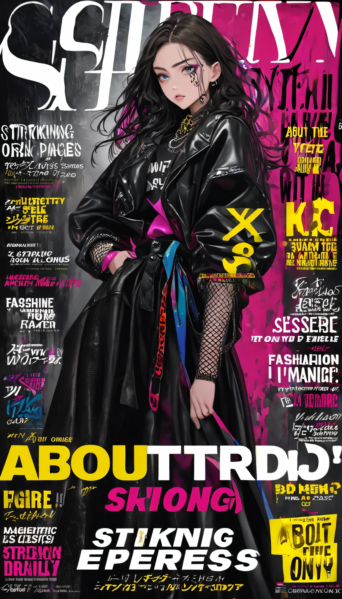 Fashion Magazine cover：A handsome female model, ((((dramatic))), (((Gritty))), (((intense))) film poster featuring a young miss as the central character. She stands confidently in the center of the poster, wearing a fashionable and edgy Full set of equipment, with a determined Express on her face. The background is dark and Gritty, with a sense of danger and intensity. The text is big胆的 and striking, with a catchy tagline that adds to the overall feeling of drama and excitement. The color palette is mainly dark with splashes of Full of energy colors, giving the poster a Dynamic and visually striking appearance,vertical painting (Magazine:1.3), (cover-style:1.3), Fashionable, miss, Full of energy, Full set of equipment, posture, front, colorful, Dynamic, background, element, confident, Express, Keep, statement, Accessories, majestic, coiled, about, touch, Scenes, text, cover, big胆的, striking, title, fashionable, font, catchy, title, big, striking, modern, trend, focus, Fashion,