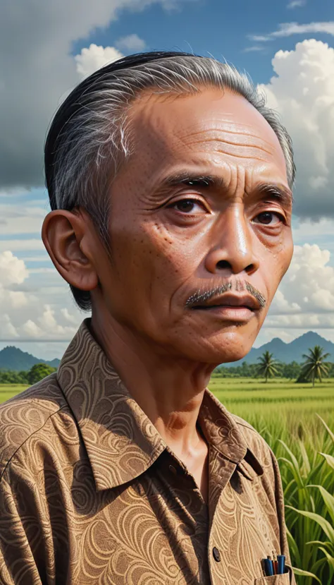 close up portrait, a 20 years Indonesian old man standing in a field, in the style of realistic hyper-detailed portraits, earthy...