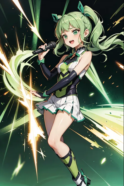 ,aikatsu,1 girls,in senki zesshou symphogear style , green long hair,twin tail,green and black battle suit:1.5,break,ultra-defin...