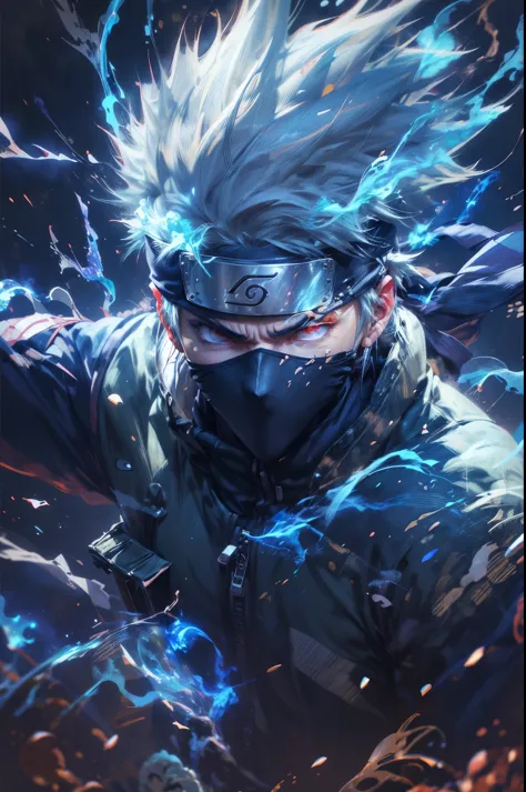 anime character with blue eyes and white hair in a black jacket, badass anime 8 k, naruto artstyle, kakashi, kakashi hatake, ani...