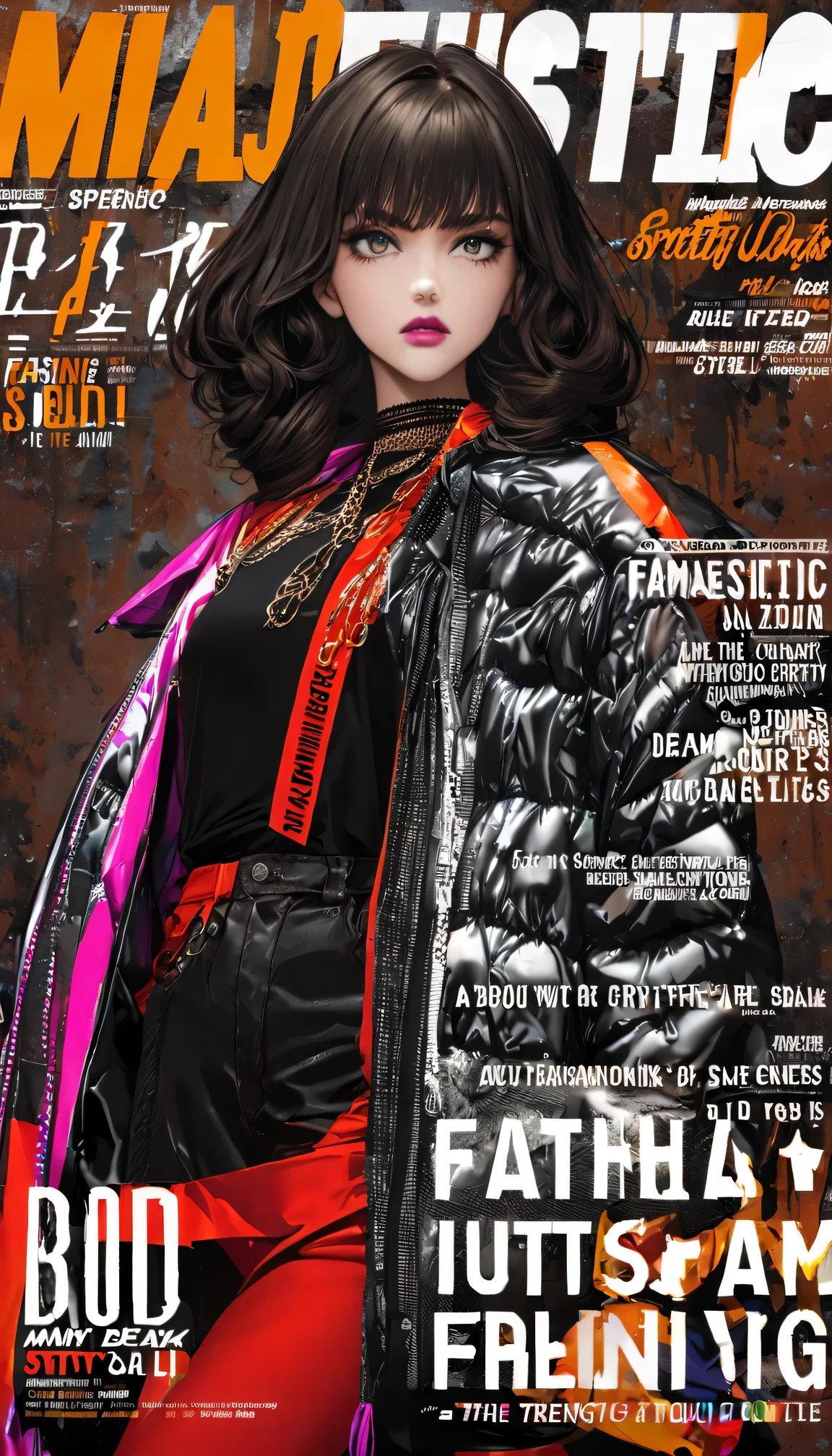 Fashion Magazine cover：A handsome female model, ((((dramatic))), (((Gritty))), (((intense))) film poster featuring a young miss as the central character. She stands confidently in the center of the poster, wearing a fashionable and edgy Full set of equipment, with a determined Express on her face. The background is dark and Gritty, with a sense of danger and intensity. The text is big胆的 and striking, with a catchy tagline that adds to the overall feeling of drama and excitement. The color palette is mainly dark with splashes of Full of energy colors, giving the poster a Dynamic and visually striking appearance,vertical painting (Magazine:1.3), (cover-style:1.3), Fashionable, miss, Full of energy, Full set of equipment, posture, front, colorful, Dynamic, background, element, confident, Express, Keep, statement, Accessories, majestic, coiled, about, touch, Scenes, text, cover, big胆的, striking, title, fashionable, font, catchy, title, big, striking, modern, trend, focus, Fashion,