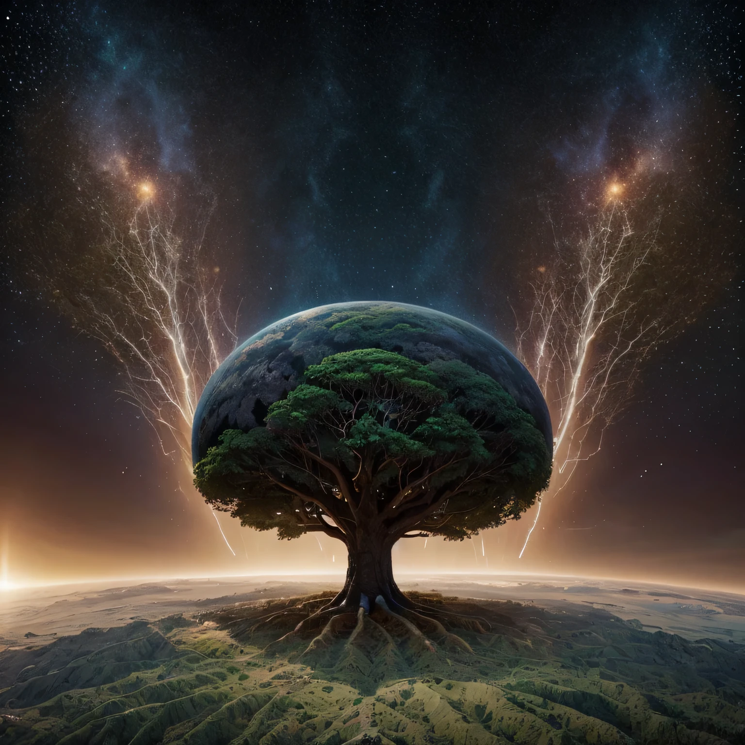 Es gibt ein Bild von einem Baum mit einem Planeten in der Mitte., Weltenbaum, Weltenbaum, Weltraumbaum of life, Mutter Erde, Baum des Lebens in einer Kugel, Weltraumbaum, Baum des Lebens Samen des Zweifels, Erschaffung der Welt, full figured Mutter Erde, Kollektiver Zivilisationsbaum, Himmlische Planeten im Hintergrund, abgestimmte Erde, fraktale Welt