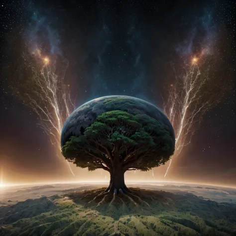 there is an image of a tree with a planet in the middle., world tree, world tree, space tree of life, mother earth, tree of life...