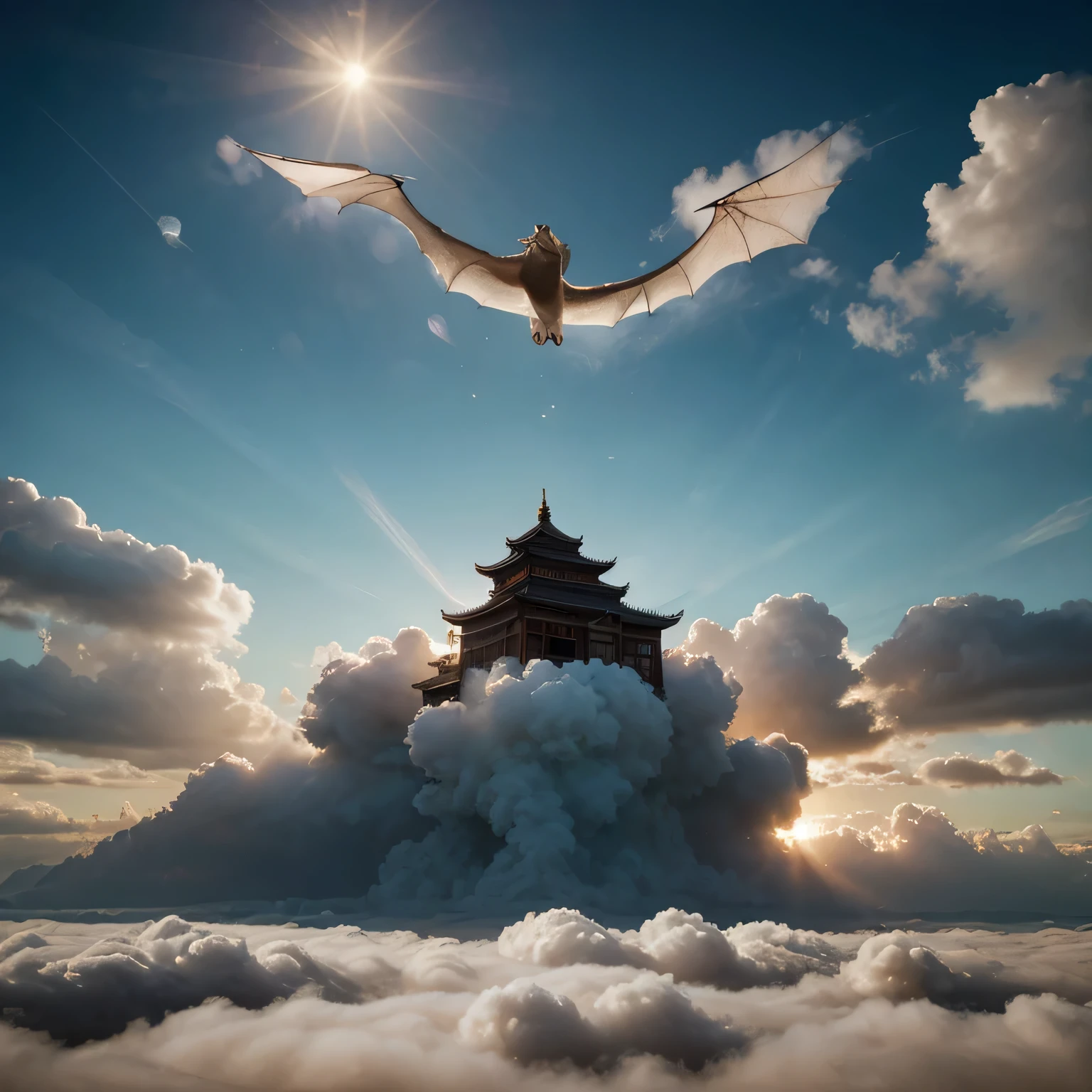 Sonne und Mond scheinen zusammen，Drache fliegt in den Wolken，Das Wolkenmeer ist rau，island々，fliegender Vogel，（Ein Gebäude erscheint in den Wolken），（（von Wolken umgeben）），（Architektur im chinesischen Stil），gute Qualität，Superfein，Detaillierte Schambehaarung，Genau，（Meisterwerk），Meisterwerk，（16k Auflösung），Licht，dynamische Perspektive，weiter Winkel，