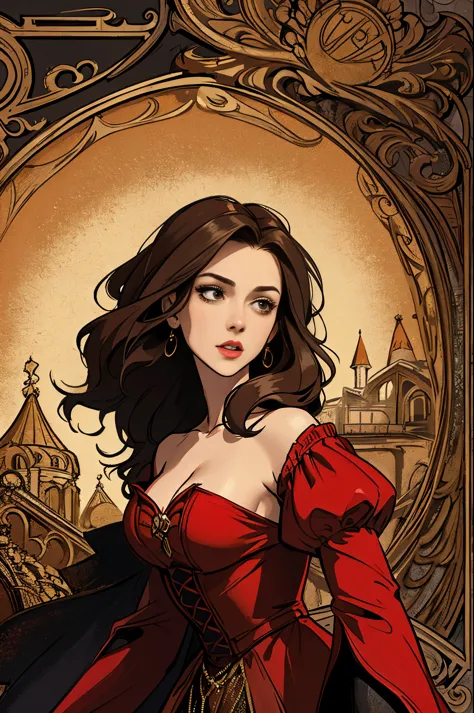 (Masterpiece, Best Quality), 8k Wallpaper, highly detailed, poster, beauty and the beast, long brown hair, red and gold dress, s...