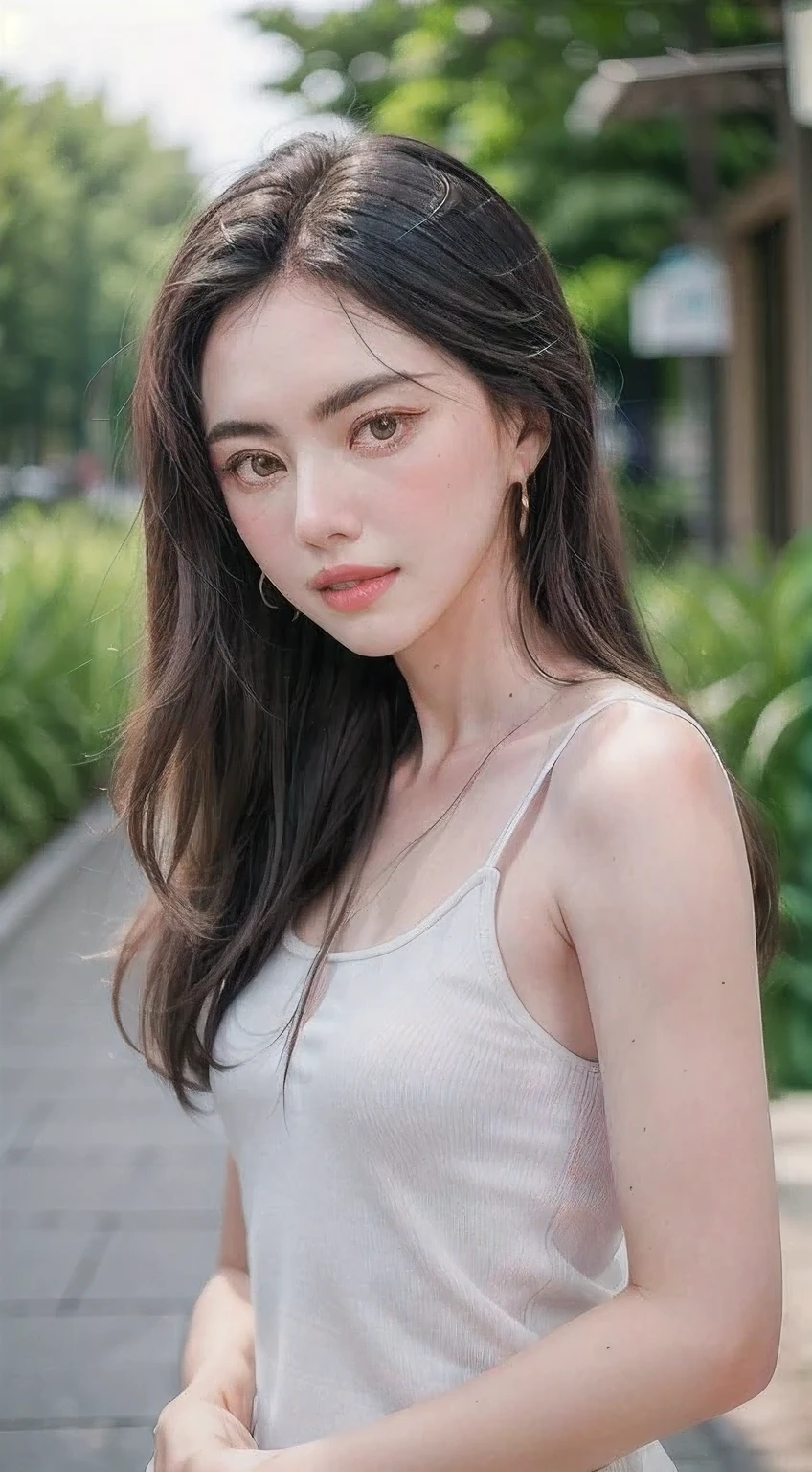 1girl, bangs, bare shoulders, black hair, blush, closed mouth, hair between eyes, long hair, looking at viewer, medium breasts, shirt, simple background, sleeveless, sleeveless shirt, solo, upper body, Mai Davika Hoorne, garden background