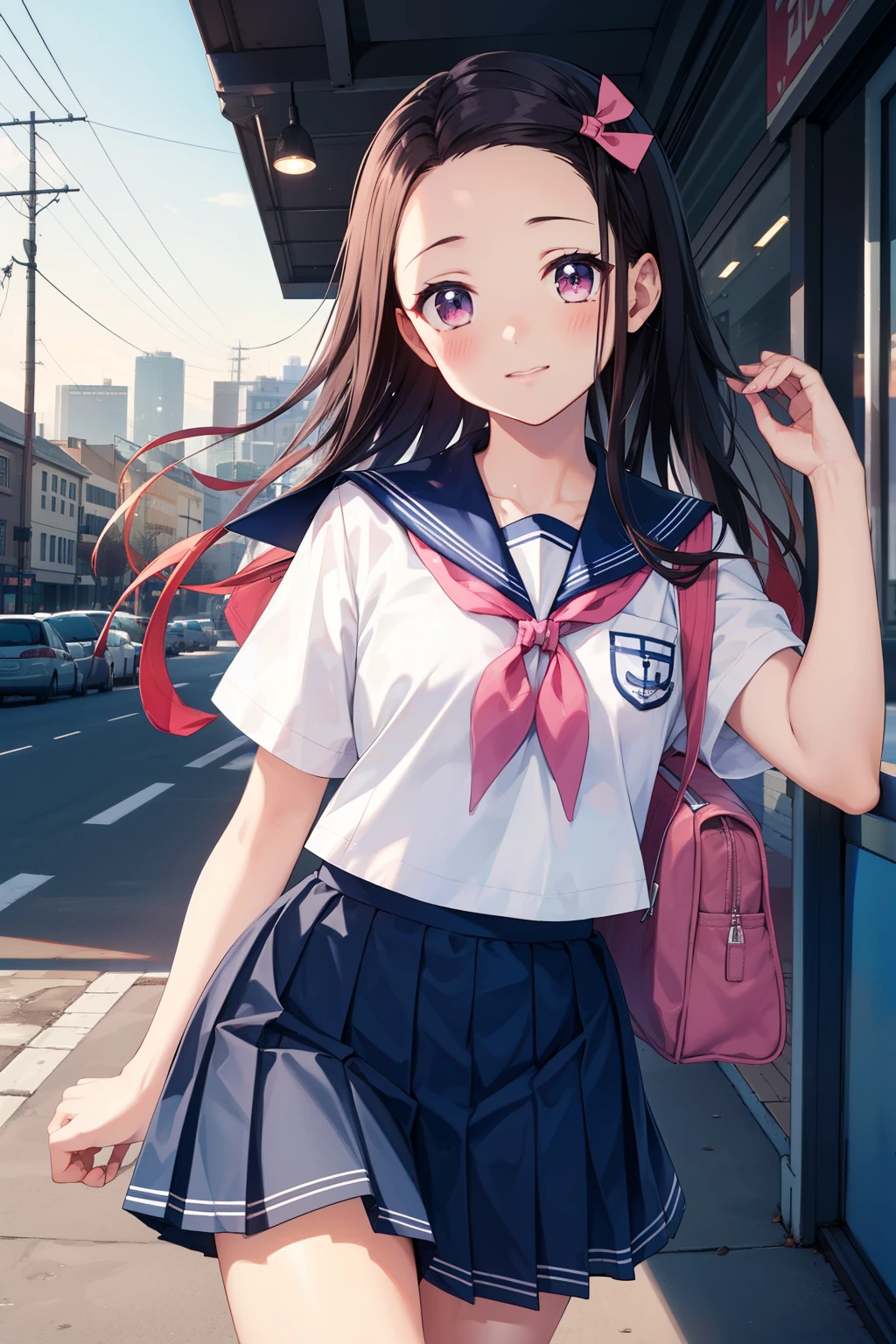 master piece, best quality, 8k, ultra high resolution, highest quality, anime style, best writing, beautiful face, masterpiece,Pink ribbon on hair,  (navy blue sailor suit:1.3), (school uniform:1.3), (navy pleated skirt:1.3), fascinating face, good lighting, low cut, small details, masterpiece, shining eyes, pink eyes, 1 girl, black hair, Chew bread, student bag, Nezuko Kamado, In front of the station, city background, morning, The best sunshine, masterpiece, highest quality, cowboy shot, (Run:1.4)