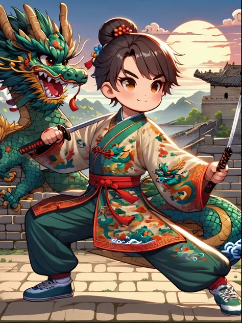 1 boy, chinese dragon, great wall, martial arts, vector martial arts illustration
