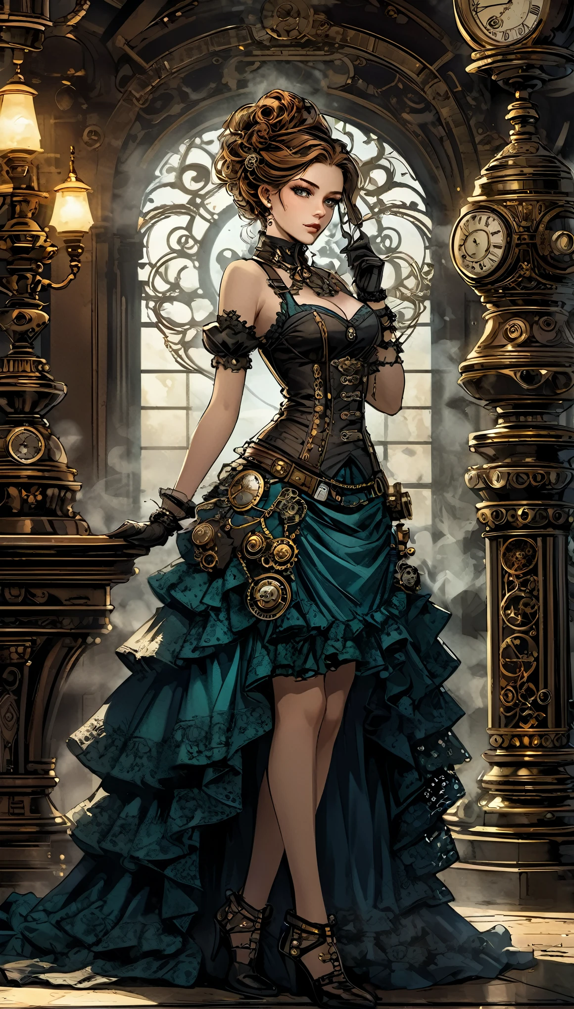 best quality,highres,ultra-detailed,realistic,physically-based rendering,portrait,steampunk,juxtaposition of technology and Victorian aesthetics,vivid colors,gears and machinery,ornate details,long flowing dress,attitude and confidence,piercing gaze,surrounded by steam and smoke,contrasting shadows and highlights,gold accents,dramatic lighting,enchanted atmosphere,subtle hint of mystery,striking composition,meticulous linework,detailed patterns,expressive emotions.