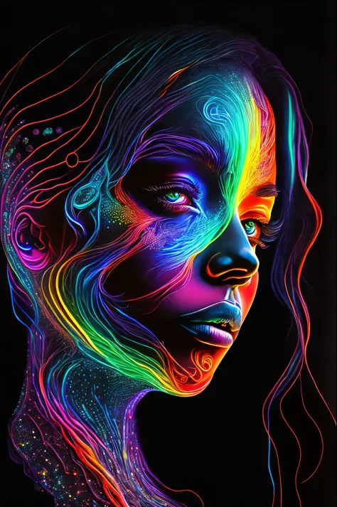 masterpiece, best quality, extremely detailed, hyperrealistic, neon-light-effect, a digital painting of a woman's face, ultra de...