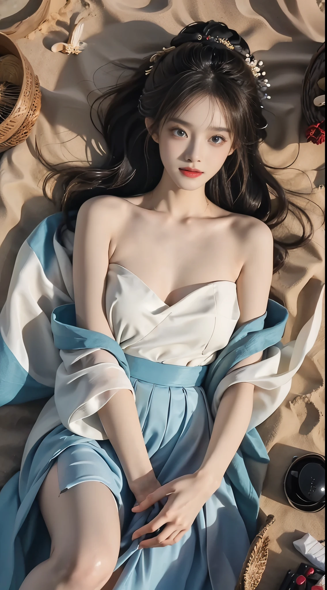 hanfu-song, hanfu, song theme, bandeau, tube top, (masterpiece, best quality:1.2), 1girl, solo, ((bare shoulders)), (actual:1.37), ((lying on a beach)), ((Bird&#39;s eye view shot)), Sweet maiden, beautiful妆容, Exquisite makeup, Extremely beautiful eyes, long hair, curls, slim body, big breasts, cleavage, Sexy slender legs, The skirt is short, Leaking sexy legs, elegant posture, best quality, correct, correct的手, correct的腿, 解剖学correct, official art, complex, detail的脸, detail, lifelike, Very detailed, amazing, beautiful, Young and energetic, Charming model, Meticulous CG Uniform 8k wallpaper