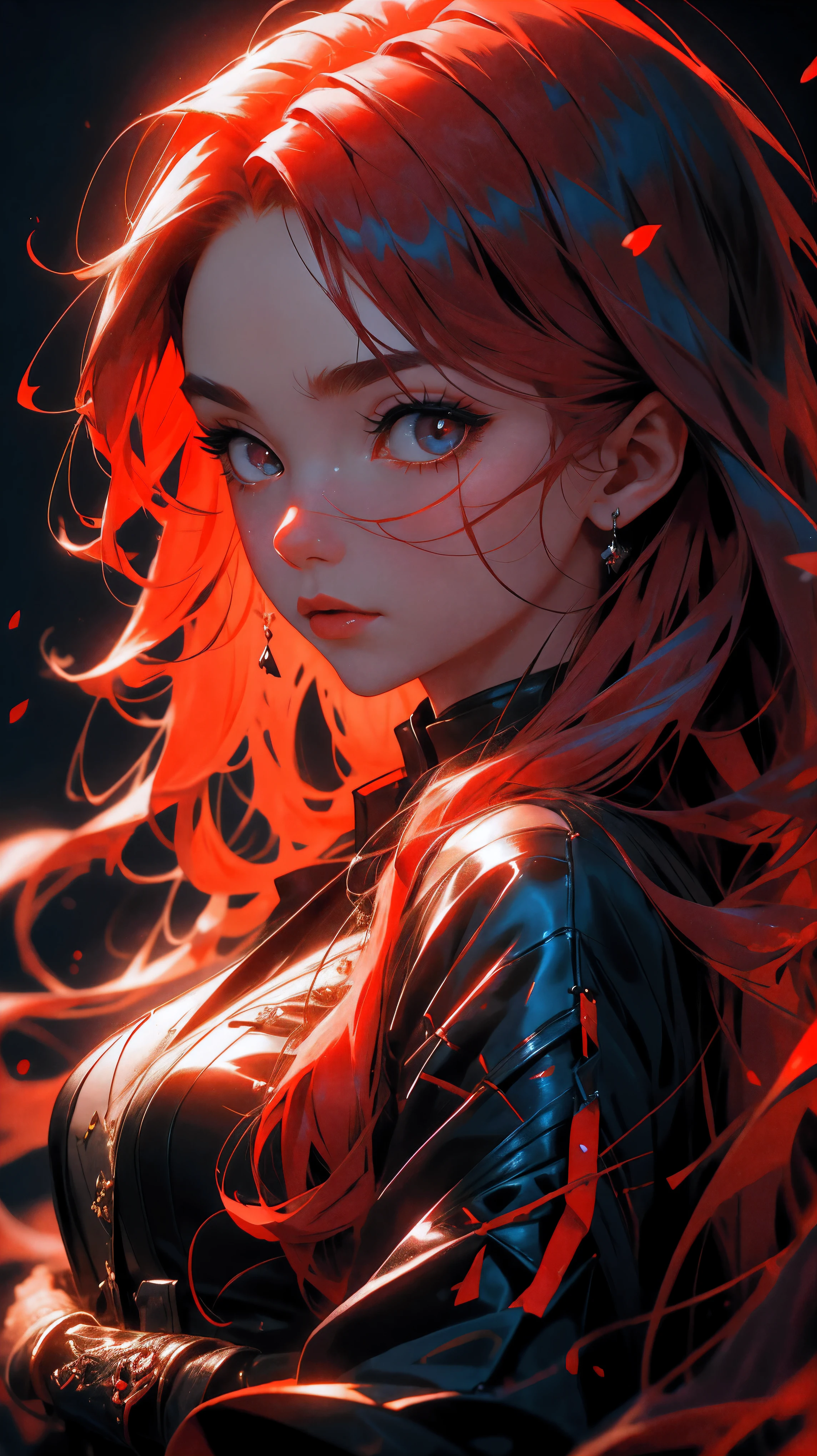 close up, beautiful young girl, red long hair, black eyes, red fox in the hands, girl holding red fox, 8k, high detailed, high realism, dark fantasy art