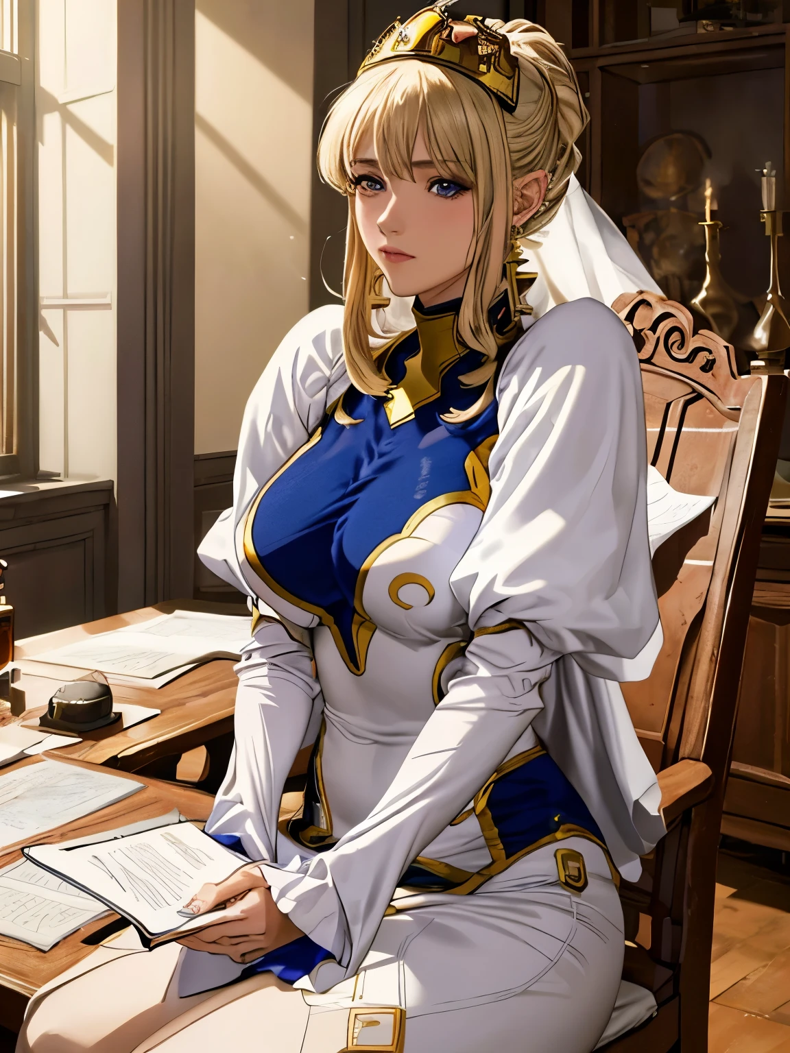 (masterpiece: 1.2, highest quality), realistic, (realistic Picture, intricate details, Depth of the bounds written), highest quality, masterpiece, very detailed, Semi realistic, 1 girl, mature woman, 21 years old, blonde short hair, left eye is covered with hair, blue eyes, king&#39;s clothes, red cloak, slim body shape, precious gold crown, Read and mark documents, goose hair pen, Office Table, soft bench