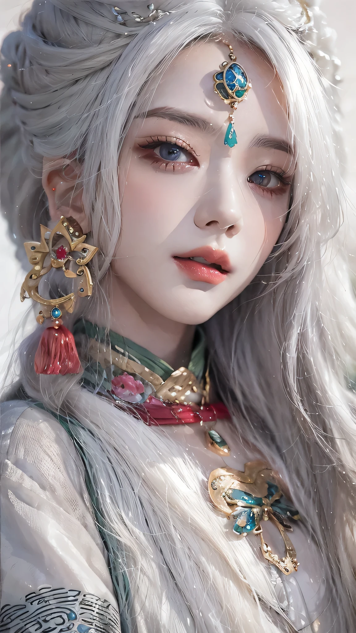 Photorealistic, high resolution, 1 woman, hips up, Beautiful eyes, Long hair, ringed eyes, white hair, jewelry, tattoo, hanfu