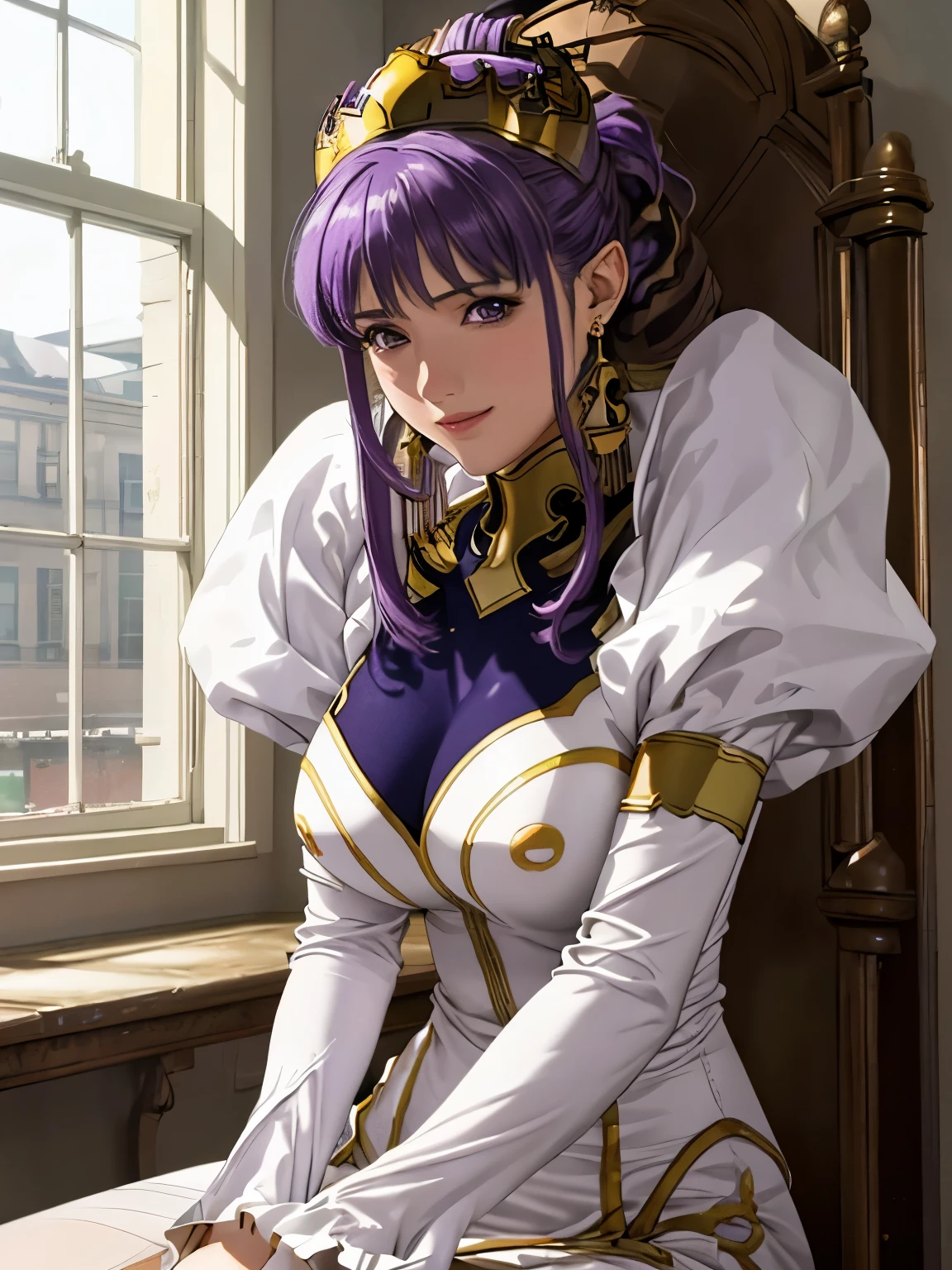 (masterpiece: 1.2, highest quality), realistic, (realistic Picture, intricate details, Depth of the bounds written), highest quality, masterpiece, very detailed, realistic, 1 girl, mature woman, 21 years old, purple hair, benevolent and loving smile, purple eyes, beautiful face, white dress, slim body shape, precious gold crown, Read and mark documents, goose hair pen, Office Table, soft bench