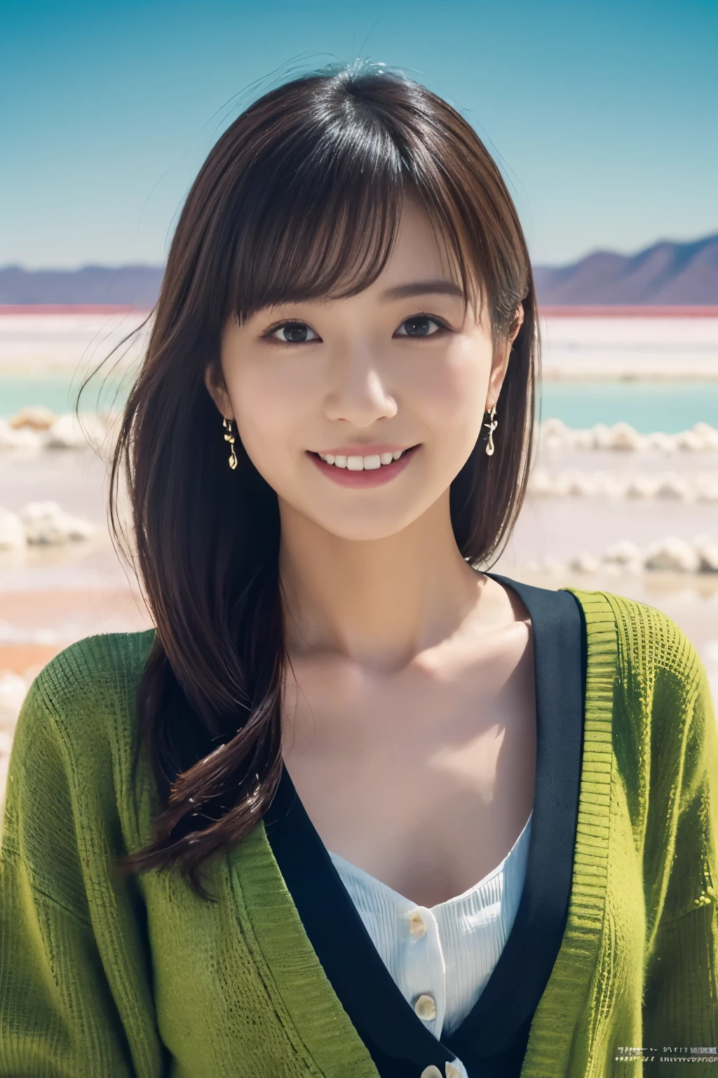 1 girl, (Wear a bright green cardigan:1.2), very beautiful japanese actress,
(Raw photo, highest quality), (realistic, Photoreal:1.4), table top, 
very delicate and beautiful, very detailed, 2k wallpaper, wonderful, 
finely, very detailed CG Unity 8K 壁紙, Super detailed, High resolution, soft light, 
beautiful detailed girl, very detailed目と顔, beautifully detailed nose, finelyて美しい目, cinematic lighting, 
(Commemorative photo at Salar de Uyuni:1.4), 
complete anatomy, slender body, small, smile,
pan focus