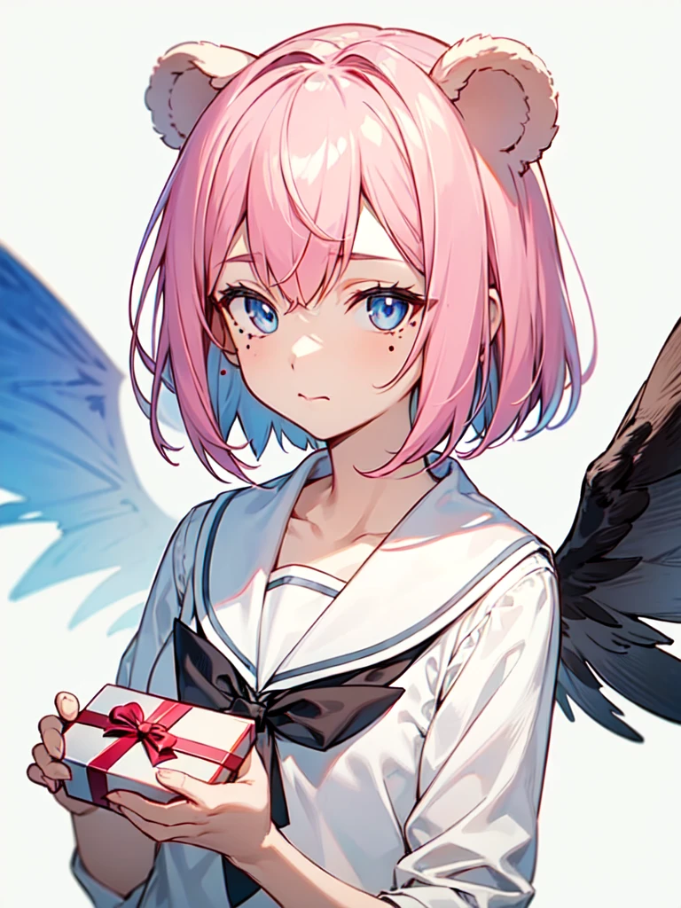 ski style, 1 girl, One, pink hair, animal ears, Blue eyes, Wings, I look at the viewer, a mole, bang, short hair, a gift, Sailor collar, simple background, white Sailor collar, a mole under mouth, hair a gift, pink a gift, closed mouth, shirt, white shirt, Bear ears, bob haircut, mini Wings, Gray background, portrait, detached Wings, draw up, upper body, White background