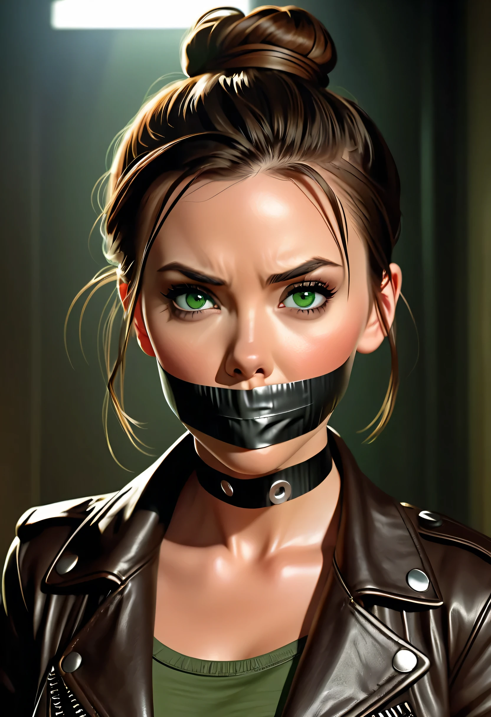 graphic novel illustration, photorealistic, 1girl (Scarlett Johansson:0.5|Megan Fox:0.5), brown shoulder length hair in a bun, green eyes, leather jacket, fear, tape gag, solo, gagged ,ultra high res, ultra-detailed, 8k uhd, dslr, soft lighting, high quality, focus on her face