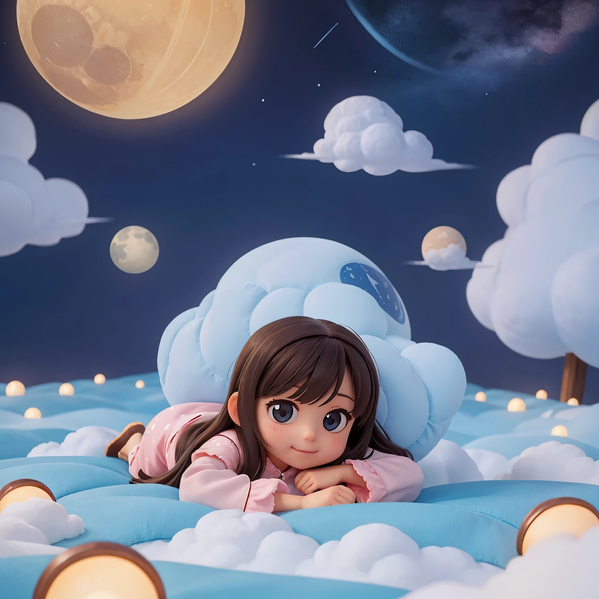 一個可愛的 ，穿著可愛的睡衣，蓋著被子，躺在云端，快樂又舒服，背景是地球，晚上，被星星和雲彩包圍，有月亮，溫馨舒適的氛圍，