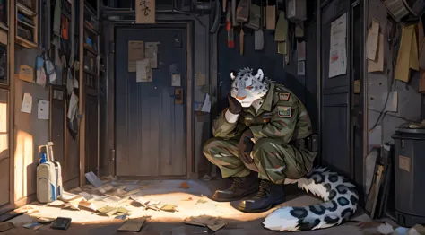 A male snow leopard，My uniform is torn，eyes are red。Serious expression，Hide in a corner，Prevent others from finding you