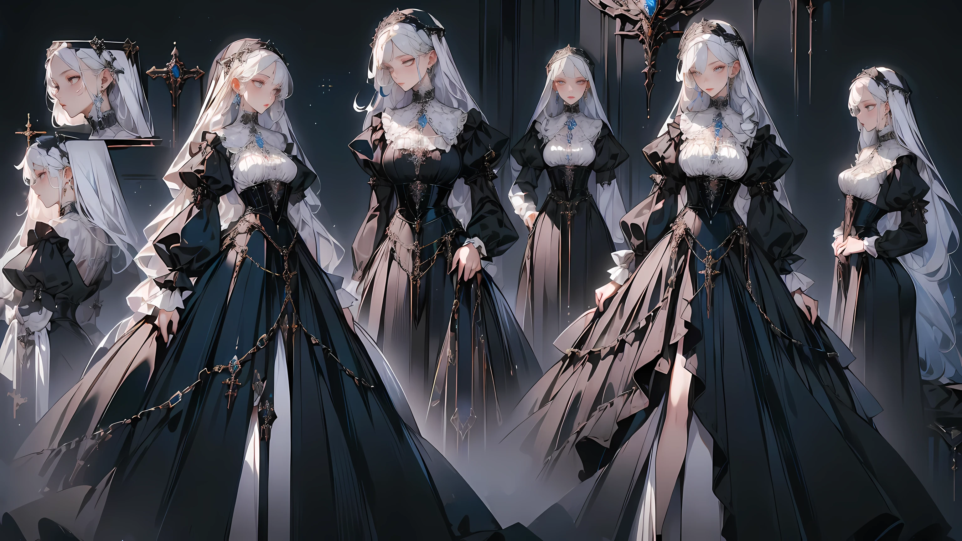 (masterpiece, best quality:1.3), 1 lady, white hair, light blue pupils，beautiful and clear eyes，in the clothes of a nun，short skirt，High slit，black gothic belt，Metal fittings, detailed, gem, victorian dress, horror element，dark style，text, concept