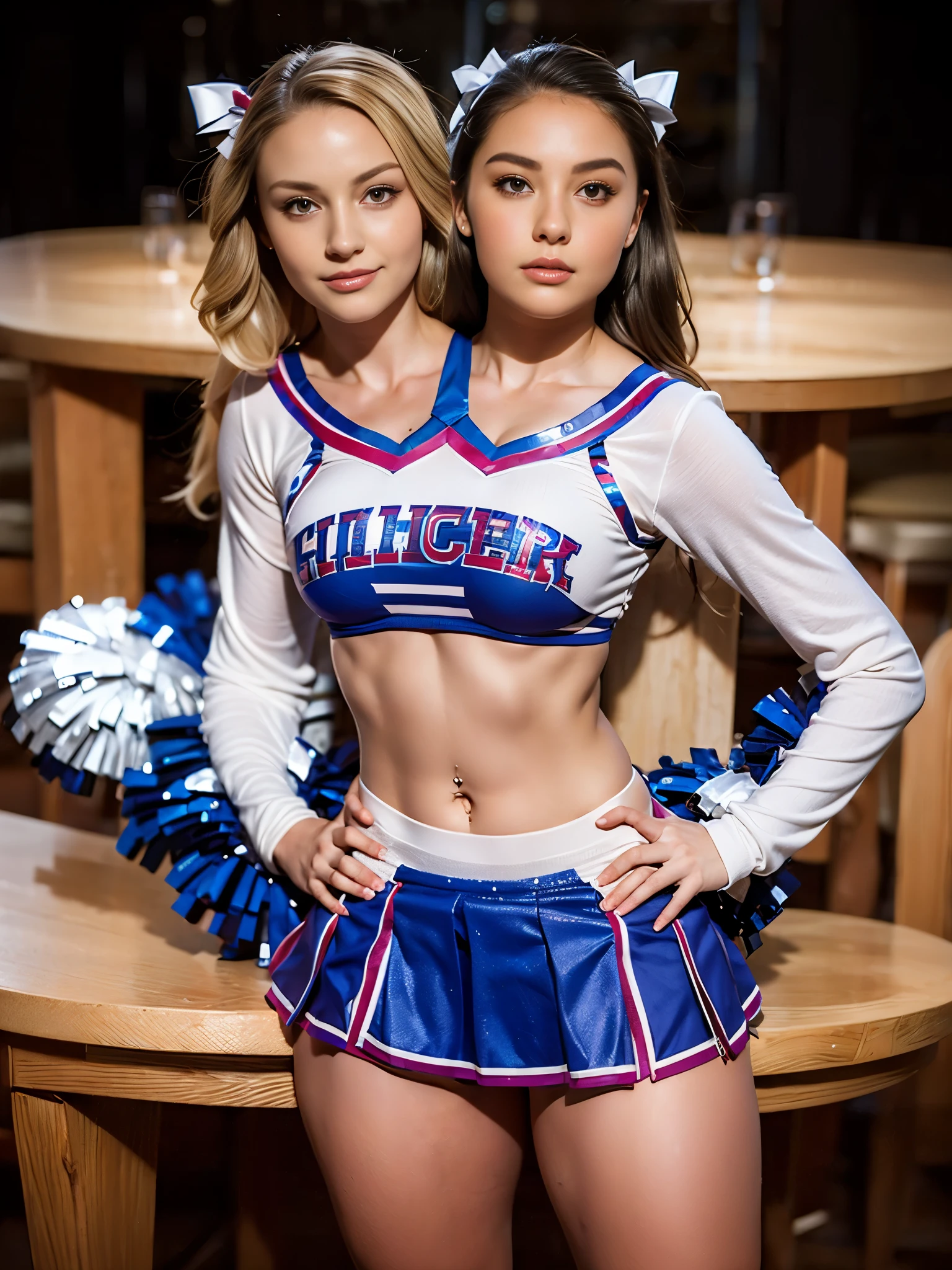 Two women in cheerleaders posing for a picture in a bar - SeaArt AI
