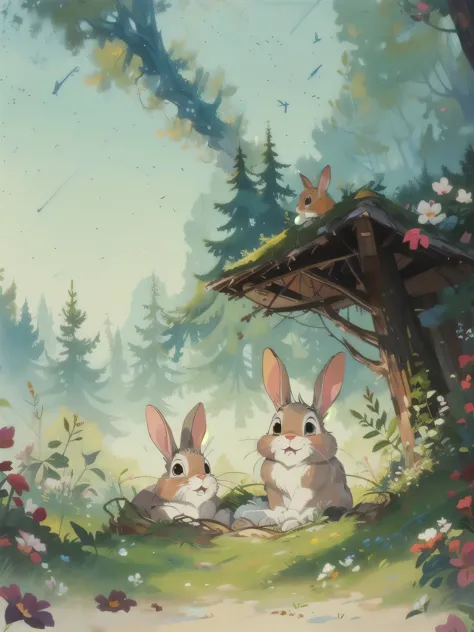 two rabbits，rabbit lying in the nest，rabbit sitting on the edge of the nest，disney style，cartoon，masterpiece，best quality