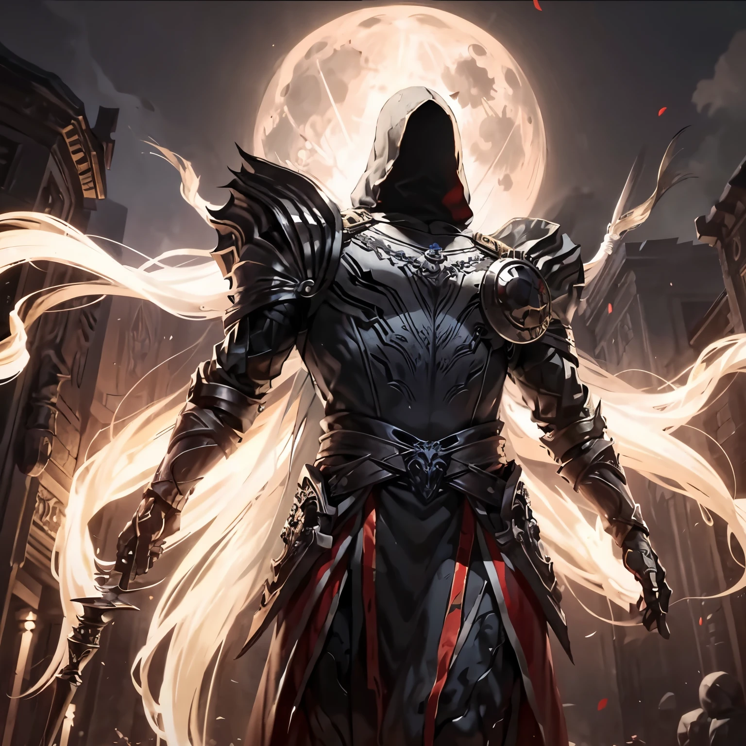 A masked assassin man, bathed in the full moon's radiant light, extinguishes numerous foes with his agility and an armful of long-bladed knives. His flowing long hair creates an intriguing contrast, revealing the darker side of a kind man hidden beneath the facade. The 2D animation art brings this enigmatic character to life with intricate details and realistic shading.