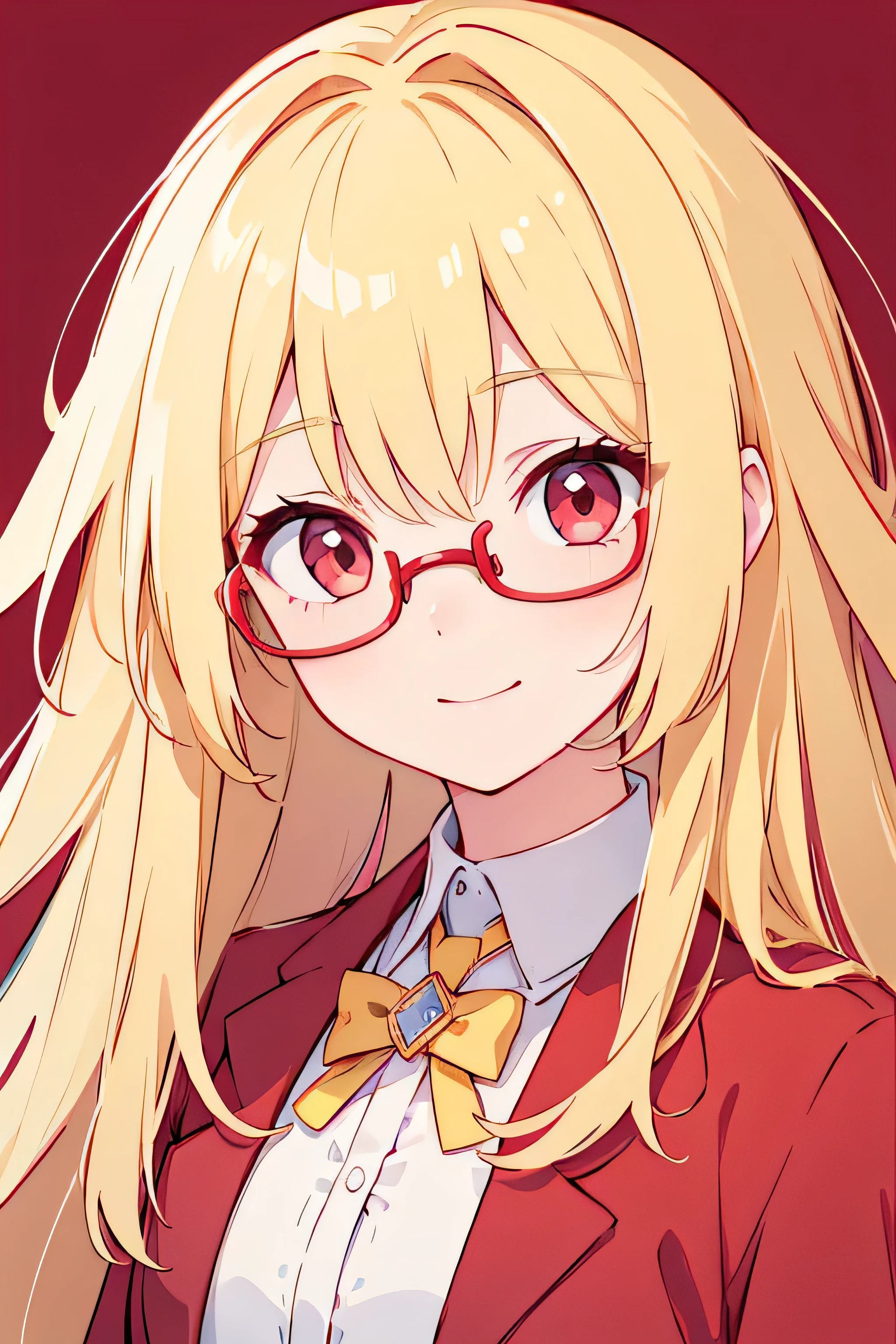 (((highest quality)))、beautiful girl、blonde、semi-long、Fair skin、red eyes、wood grain、Red Rim Glasses、just the face、background single color、smile、from the neck up