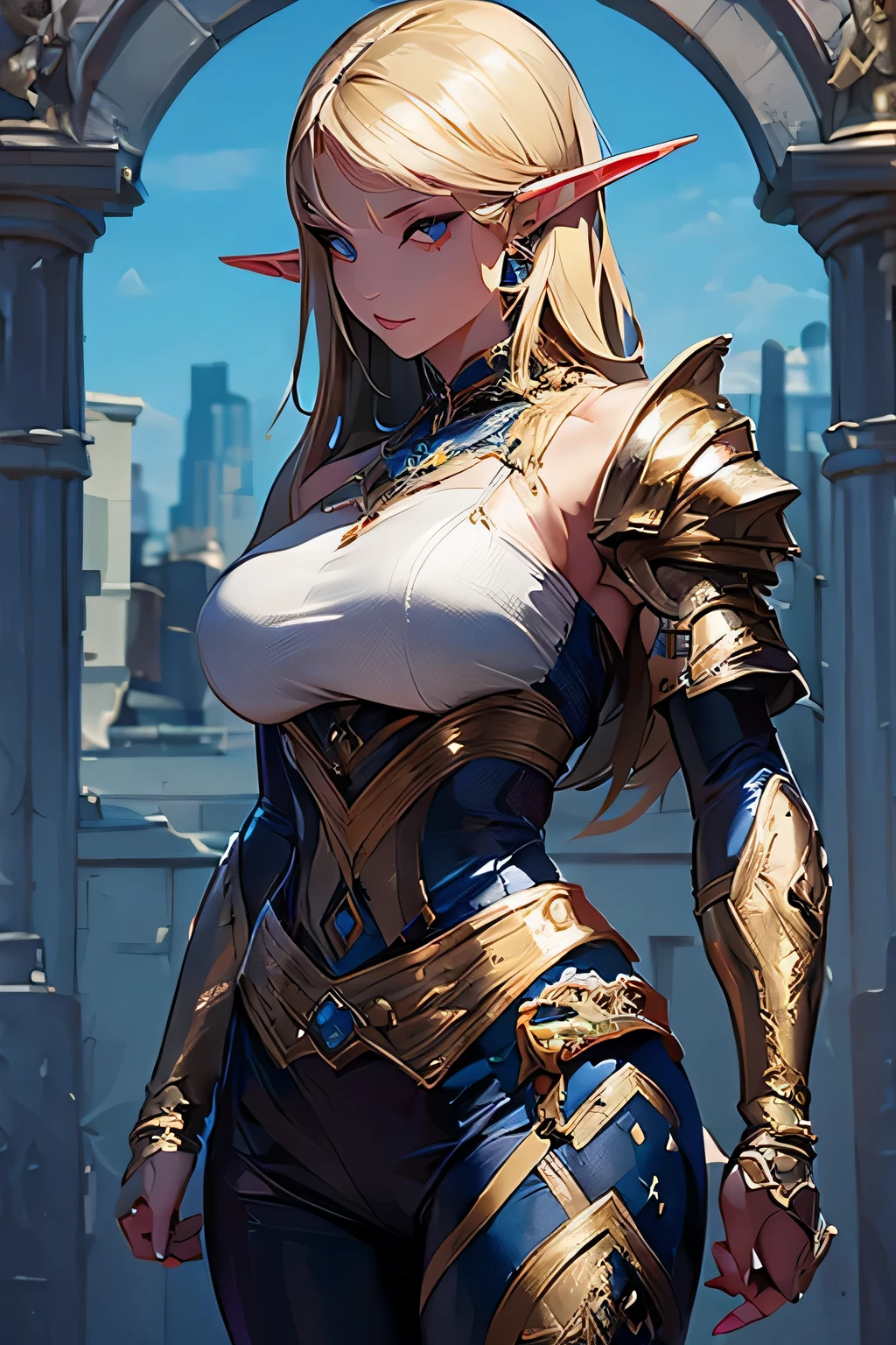 ((masterpiece, best quality)), (elf ears), female elf, female blonde muscular elf with blue eyes in knight armor, stunning character art, character art of a beautiful muscular female elf:1.4, athletic body, muscular:1.4, Well trained: 1.4, sixpack: 1.4, epic exquisite character art, character art portrait, rossdraws 1. 0, high quality digital concept art, beautiful female knight wearing knight armor