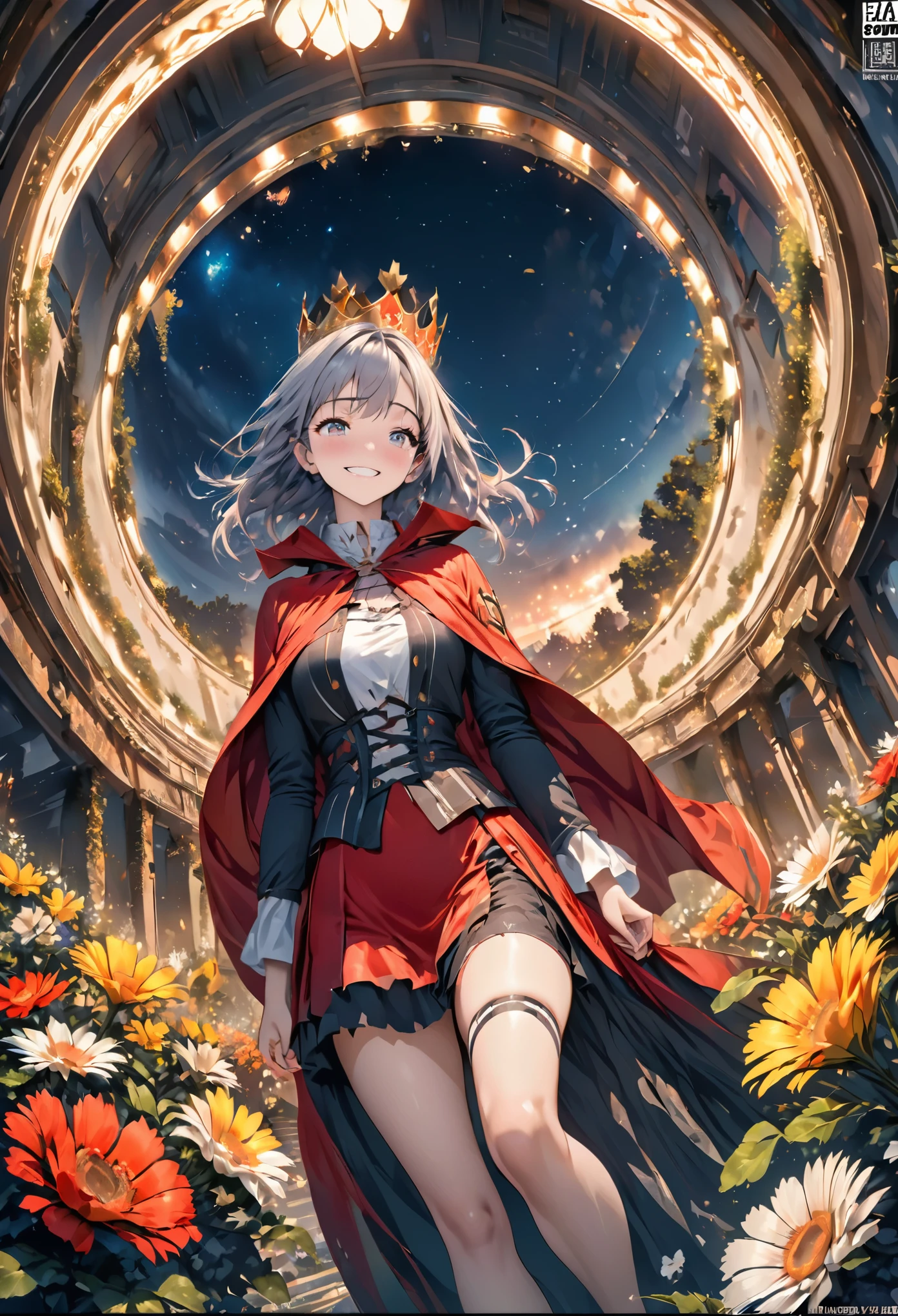 best quality, High_solve, clearly_image, Detailed background ,girl, random wear and tear,flower, night sky,Dutch Cape, Wide-angle lens,shy smile, crown,  