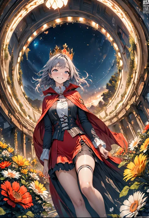 best quality, High_solve, clearly_image, Detailed background ,girl, random wear and tear,flower, night sky,Dutch Cape, Wide-angl...