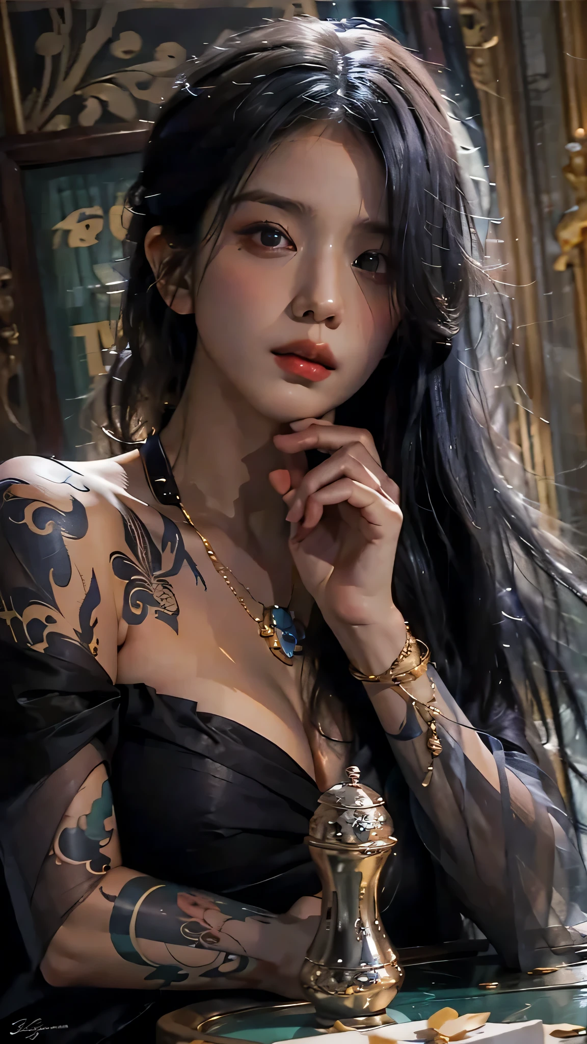 photorealistic, high resolution, soft light,1women, solo, hips up, (detailed face), jewelry, tattoo,black dress mafia clothing, black hair, super long hair, looking viewers, tatto, messy hair, close up, small breast, adult