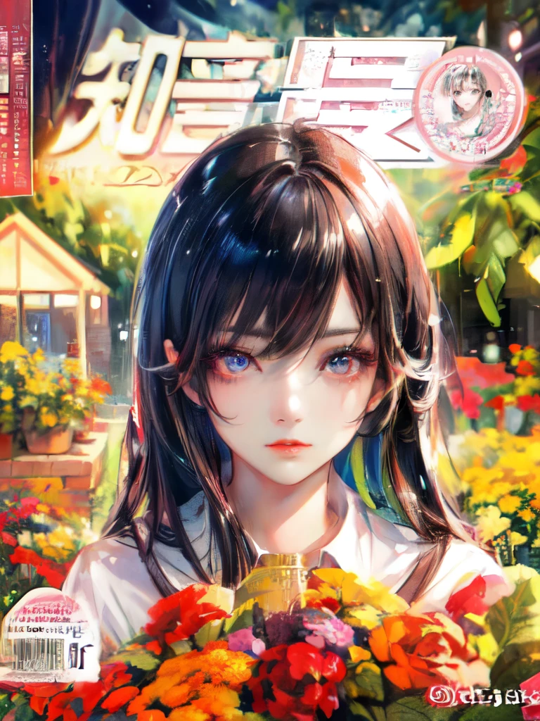 a girl in a garden,illustration,beautiful detailed eyes,beautiful detailed lips,extremely detailed eyes and face,long eyelashes,medium:oil painting,(ultra-detailed,HDR,vivid colors,professional,portrait,sharp focus,studio lighting,bokeh,highres,masterpiece:1.2), big Magazine Cover title,