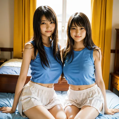 Japanese、identical twin sisters、16 years old、bigger, (((huge tit))), slim body shape, woman, Blue Sleeveless T-Shirt, White chif...