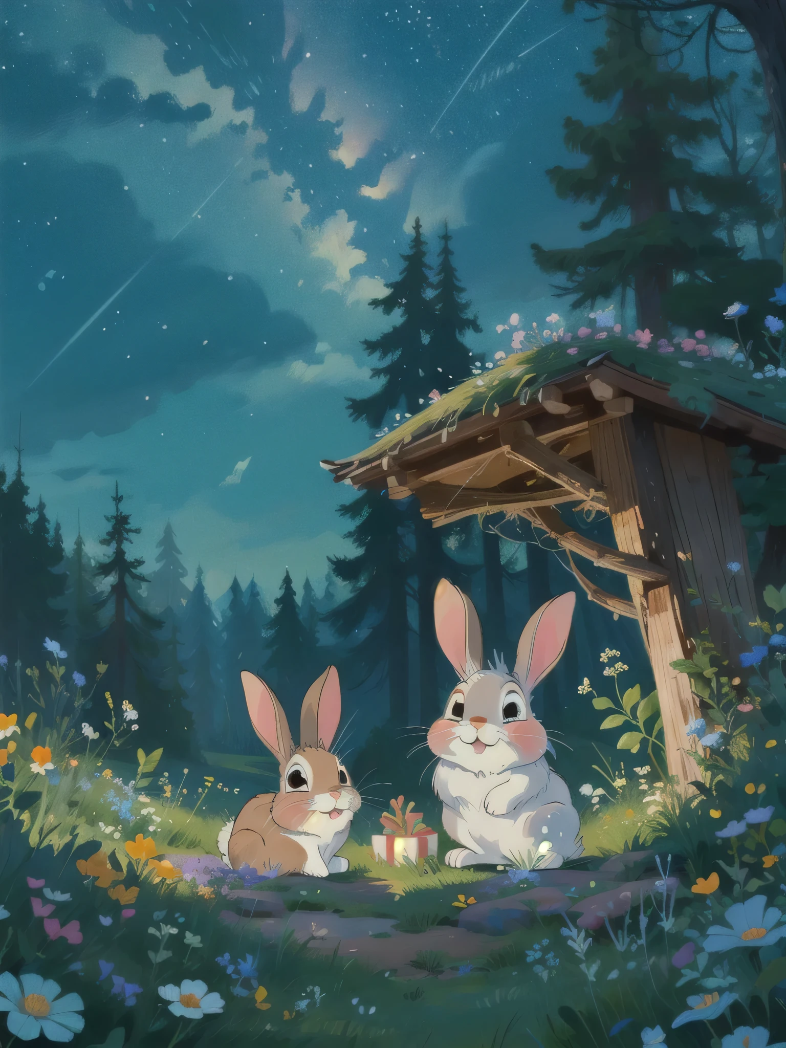 Two rabbits，Rabbit holding flowers and gifts，disney style，cartoon，masterpiece，best quality