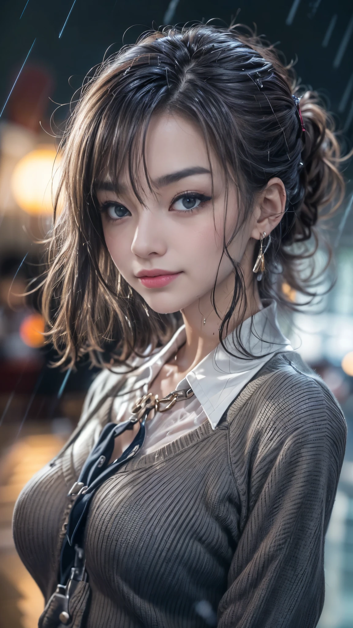 (RAW shooting, Photoreal:1.5, 8K, highest quality, masterpiece, ultra high resolution), perfect dynamic composition:1.2, Night street corner of a modern city, look up at the sky:1.3, (((Typhoon heavy rain))), Highly detailed skin and facial textures:1.2, Slim office lady wet in the rain:1.3, sexy beauty:1.1, perfect style:1.2, beautiful and aesthetic:1.1, Fair skin, very beautiful face, water droplets on the skin, (rain drips all over my body:1.2, wet body, wet hair:1.4, wet office skirt:1.2, wet office lady uniform:1.3), belt, (Medium chest, Bra see-through, Chest gap), (look of resignation, embarrassing smile, The expression on your face when you feel intense caress, Facial expression when feeling pleasure), (beautiful blue eyes, Eyes that feel beautiful eros:0.8), (Too erotic:0.9, Bewitching:0.9), cowboy shot, Shoulder bag, necklace, earrings, bracelet, clock