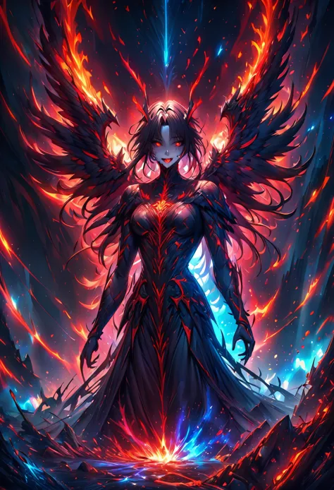 create fallen archangel,detailed angel wins, bloodlust, red glowy eyes, eerie, creepy, nightmarish, very bright colors, light pa...