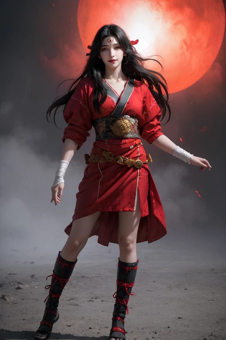 (best quality,actual:1.37),1 girl, alone, delicate eyes, delicate lips, and_red_sunset, forehead protector, bandage, whole body, Red eyes, wandiza, traditional clothing, bright colors, dynamic poses, dramatic lighting