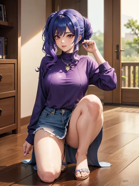anime girl with purple hair sitting on a wooden floor, seductive anime girl, cute anime girl, beautiful anime girl, attractive a...