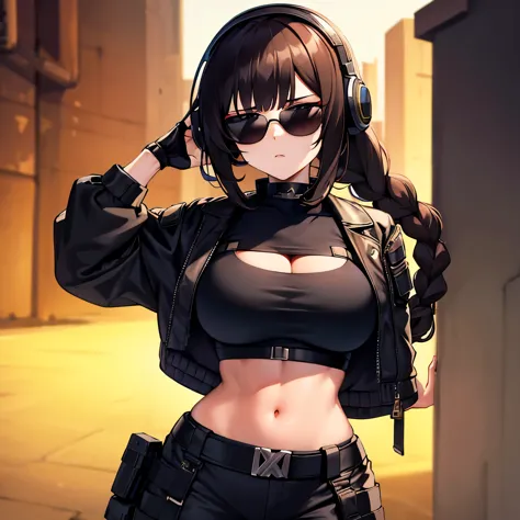Beautiful brunette cyberpunk girl, she has a bionic arm, her hair is done up in a braided ponytail, she's wearing baggy cargo pants, she's wearing a tight black crop top, she's wearing an oversized jacket, she has very wide hips, she's wearing sunglasses, ...